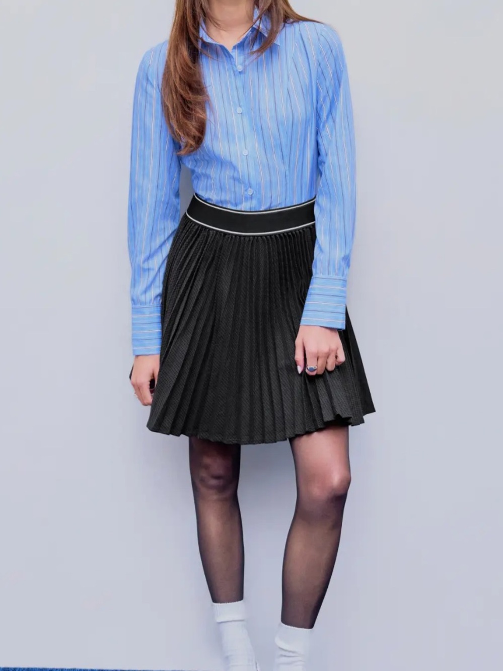 Cider Black Pleated Skirt with Contrast Waistband